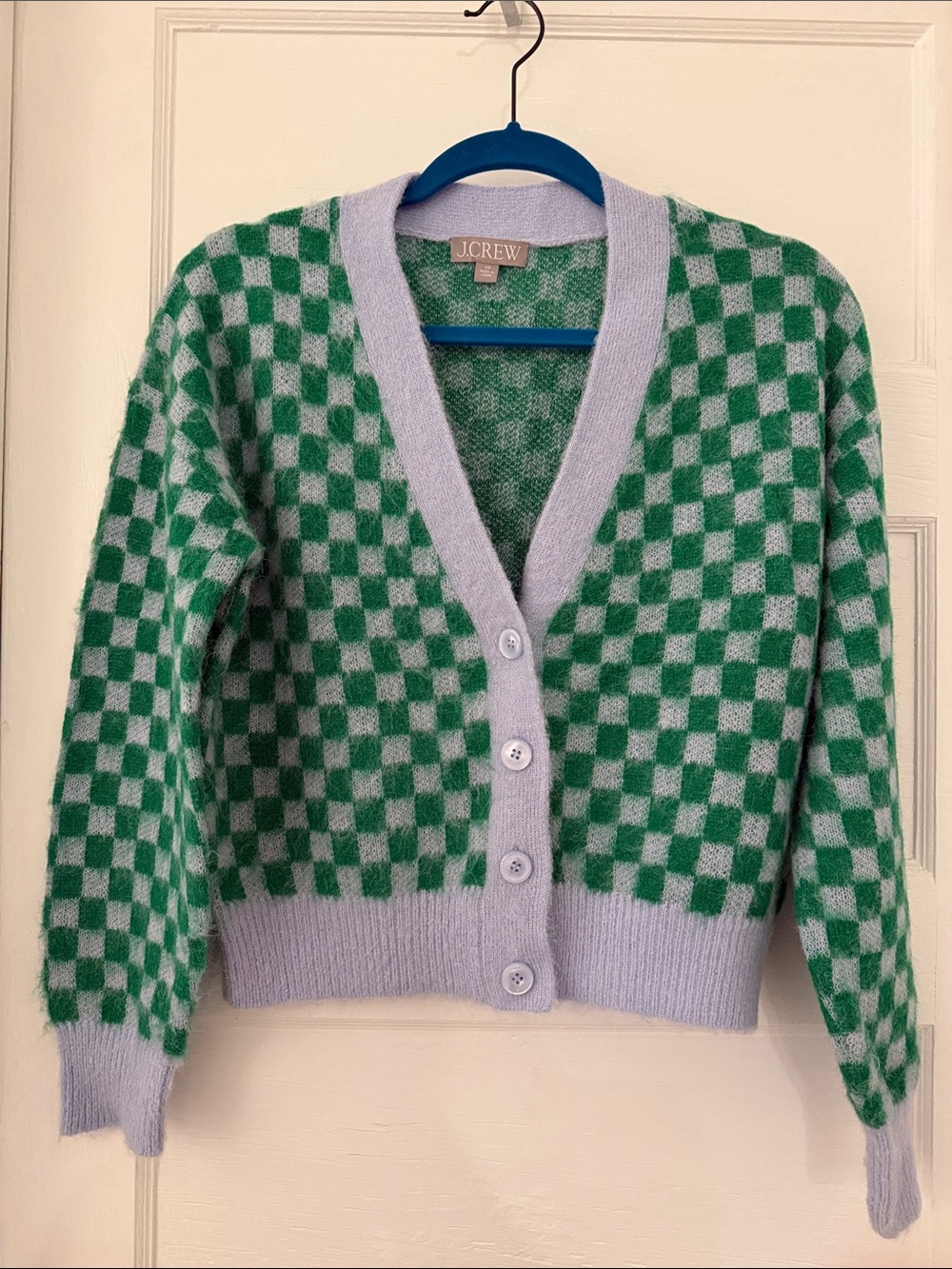 J.Crew Green and blue Checkered V-Neck Cardigan Sweater